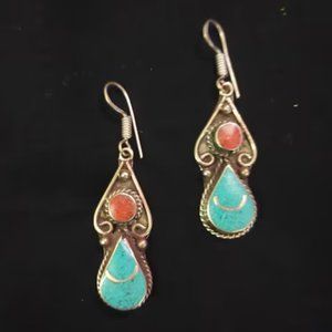 Boho Turquoise and Coral Stone Earrings, Stone Earrings, Antique Ethnic Earrings